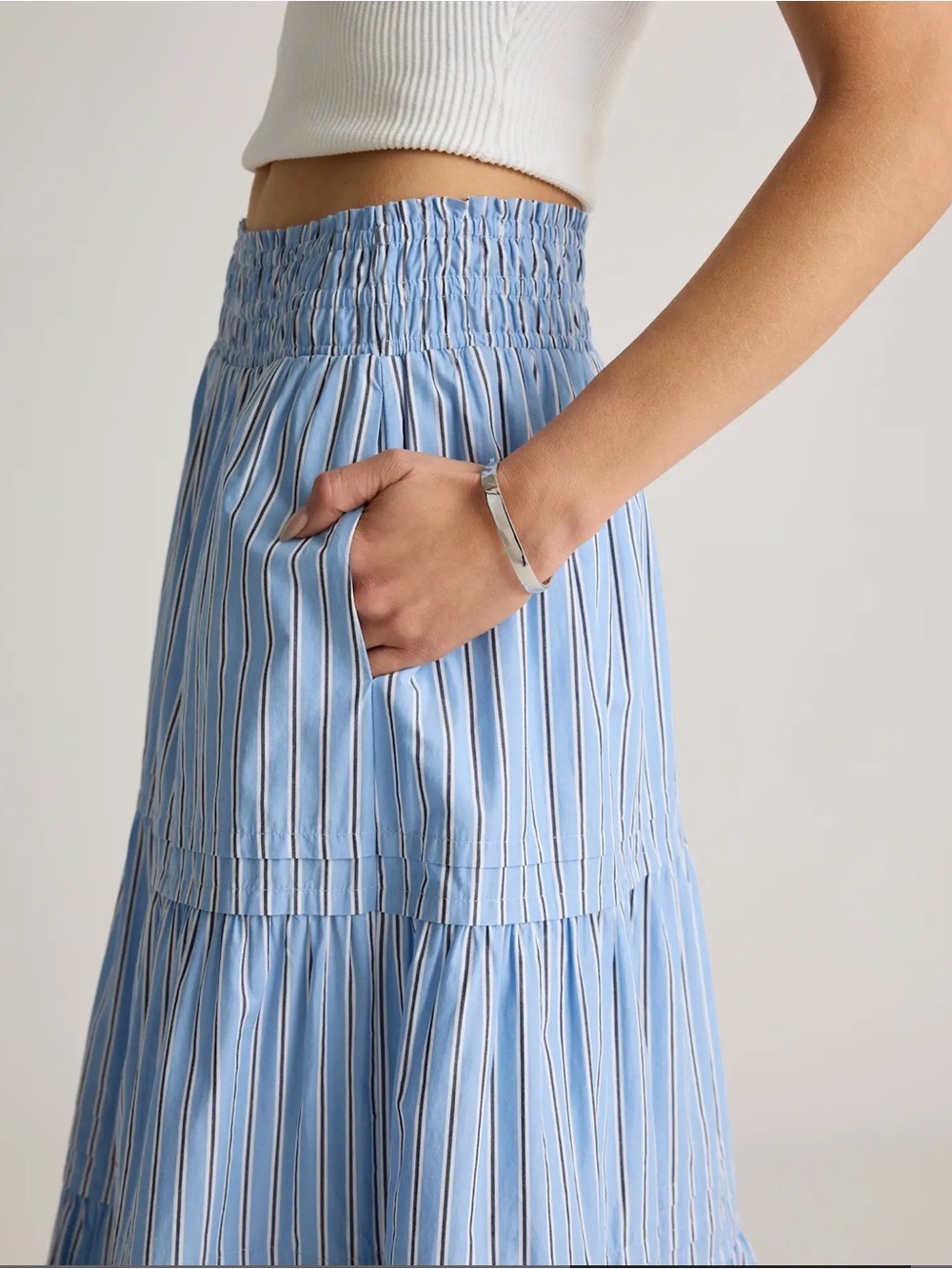 Quince 100% Organic Cotton Poplin Tiered Maxi Skirt Tribeca Stripe SIZE XL NWT - Picture 3 of 9